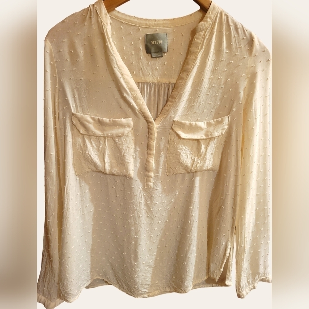 Maeve Anthropologie semi-sheer, ivory Swiss dot blouse Size 6